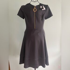 DKNY short sleeves mini dress with gold tone design in charcoal black